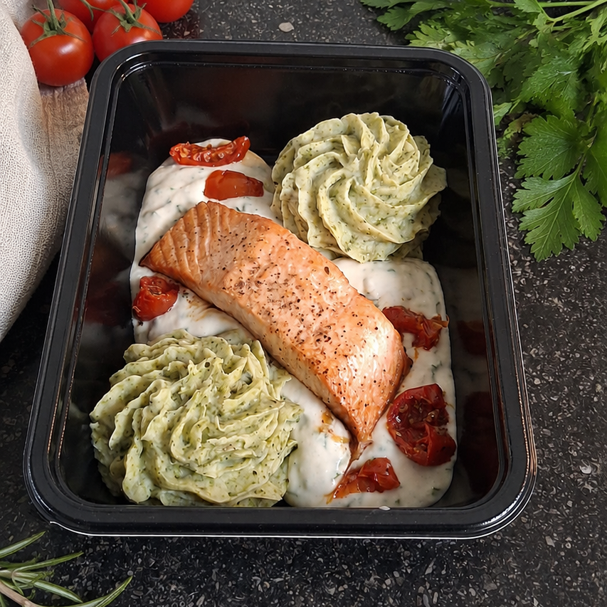 Zalm - broccolipuree - groene kruidensaus - halfgedroogde tomaten