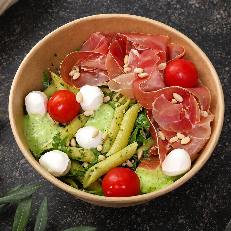 Pasta pesto - serranoham - mozzarella - pijnboompitten