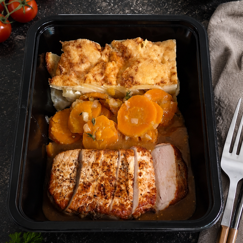 Varkenssavourette - aardappelgratin - wortelen met tijm - mosterdsaus