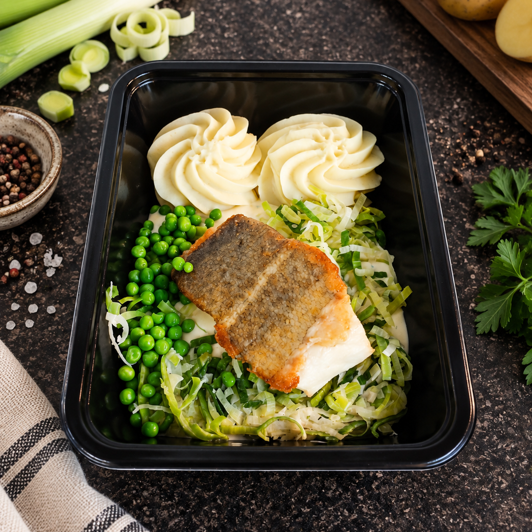 Kabeljauw - puree - prei - erwtjes - witte wijnsaus met bieslook