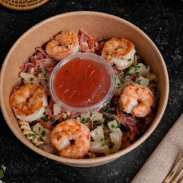 Spirelli - scampi - spek - Sweet Chili