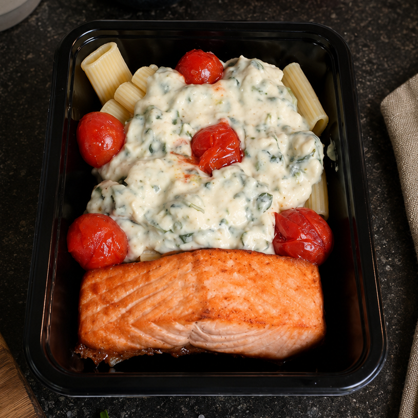 Zalm - rigatone - spinazieroomsaus - kerstomaten