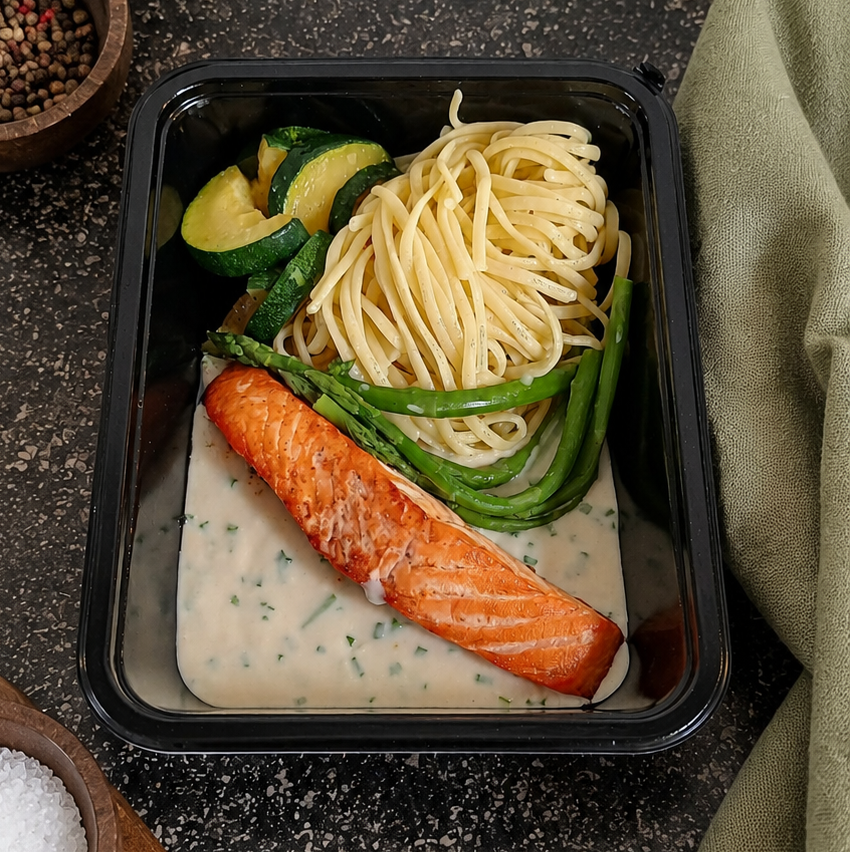 Gebakken zalmhaas - linguine - groene aspergepunten - courgette - witte wijnsaus met bieslook