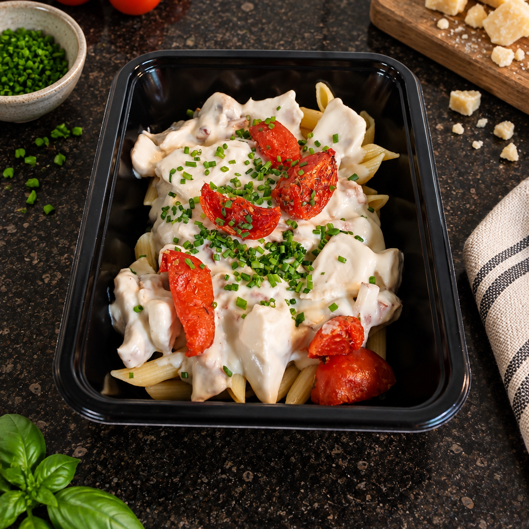 Romige penne met spek, kip, champignons en zongedroogde tomaten