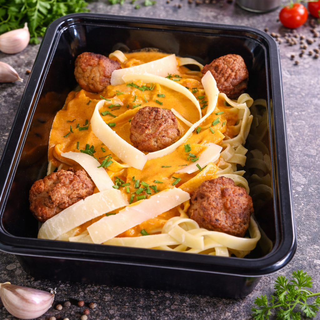 Tagliatelle - tomaat-mascarponesaus - gehaktballen - Parmezaanse kaas