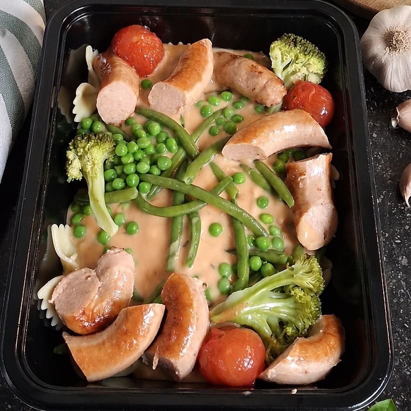 Chipolata - vlinderpasta - groene groenten - romige rundsjus