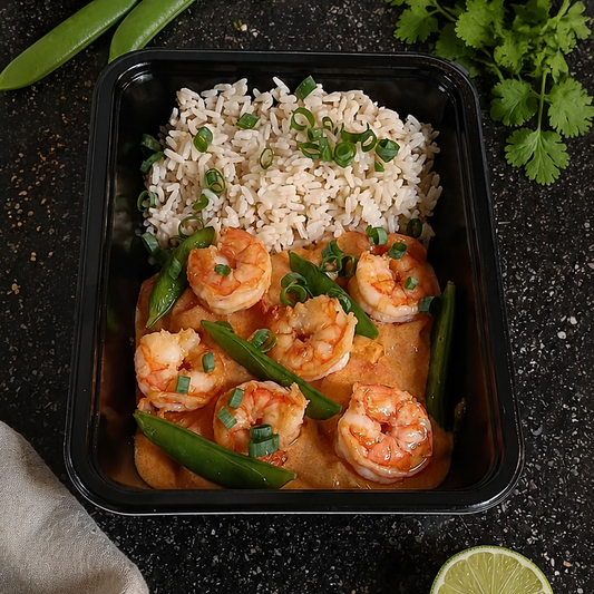 Scampi - rijst - rode curry