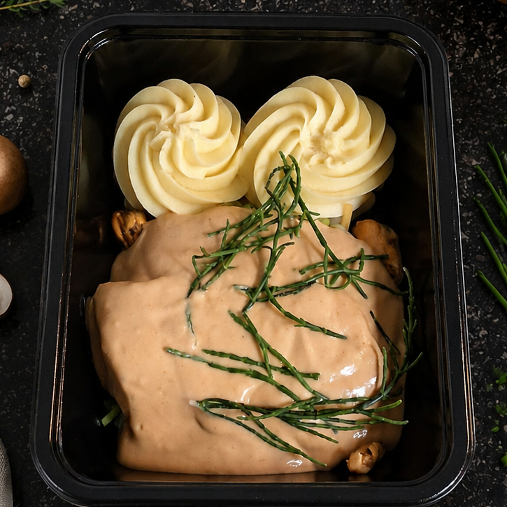 Vispannetje - koolvis - zalm - mosselen - fijne groenten - sausje op basis van mosseljus en kreeftenbisque - zeekraal - aardappelpuree