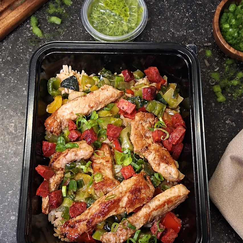 Varkenssavourette - chorizo - rijst - gewokte groenten - peterseliepesto
