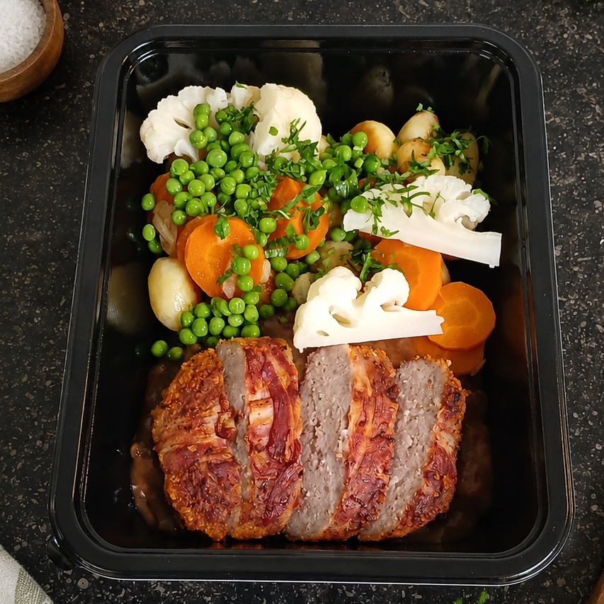 Heseburger - krieltjes - bloemkool - wortel - erwtjes - ajuinsaus zoet-zuur
