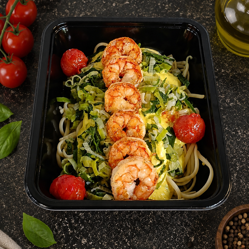 Scampi - linguine - prei - kerstomaten - currysaus