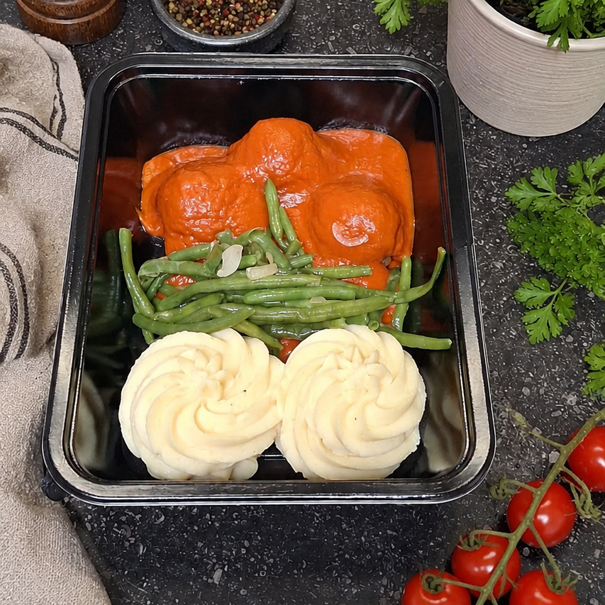 Balletjes in tomatensaus - puree - boontjes