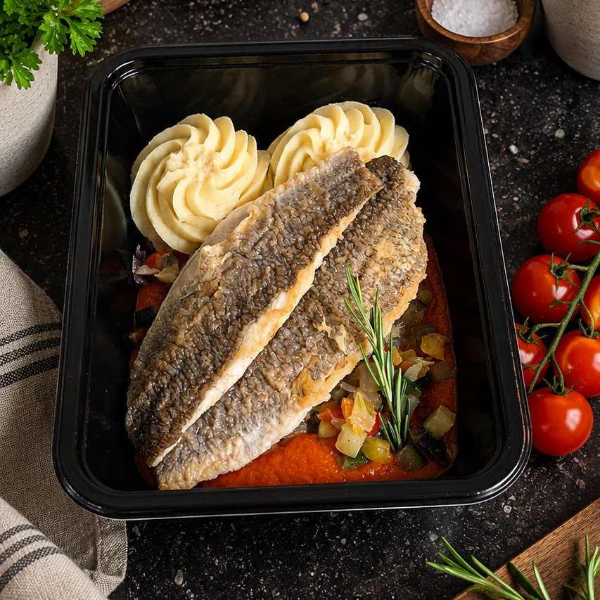 Zeebaars - puree - ratatouillegroenten - tomatensaus