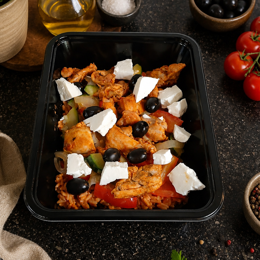 Mediterraanse rijstschotel - kip - feta - olijven