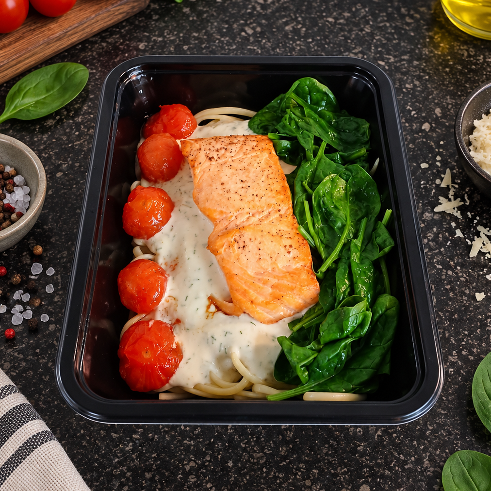 Zalm - linguine - spinazie - kerstomaten - dillesaus