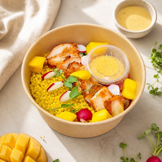 Parelcouscous met curry - malse kip - kleurrijke mix van radijs, mango, kerstomaten, komkommer en wortel