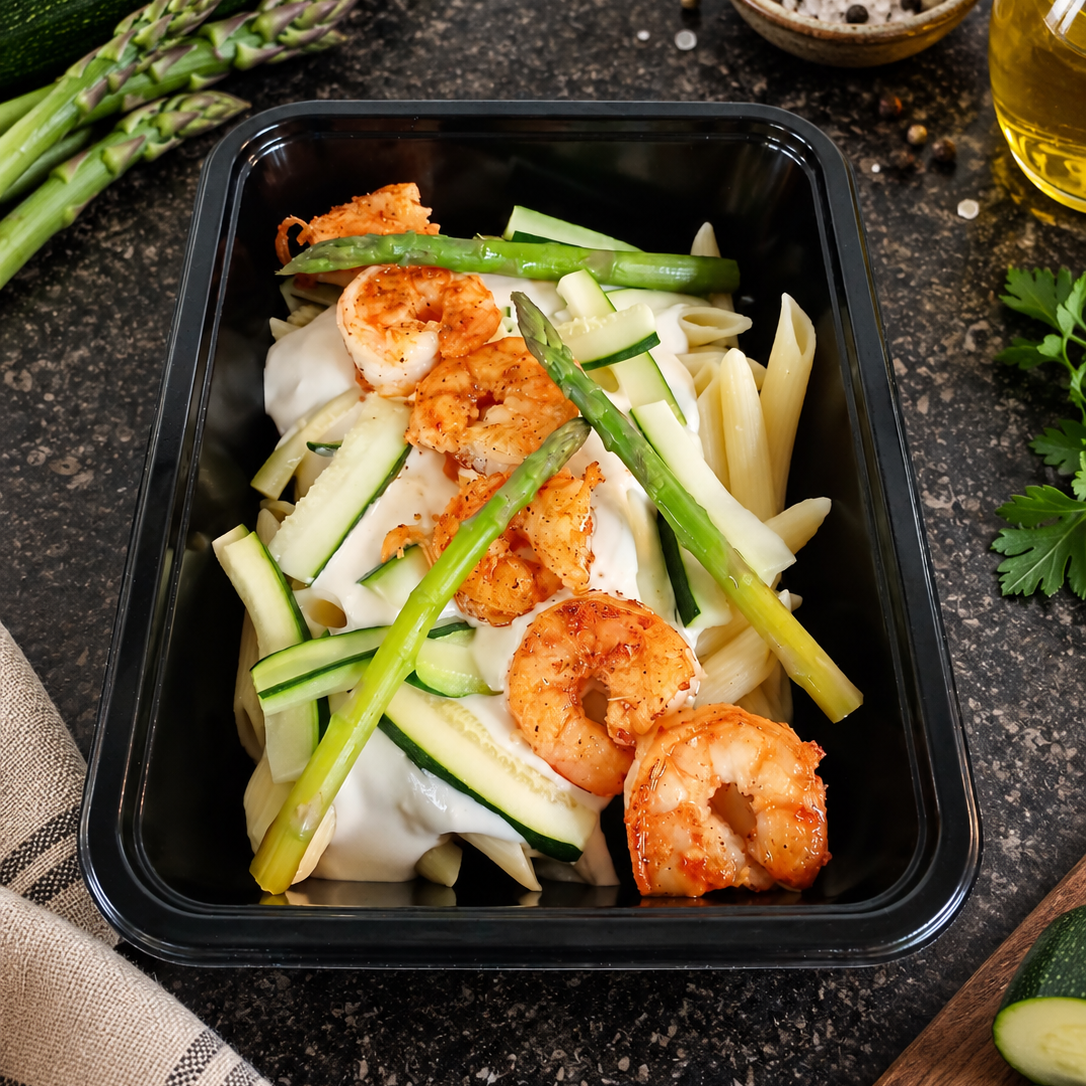 Scampi - penne - groene aspergepunten - courgette - romige vissaus