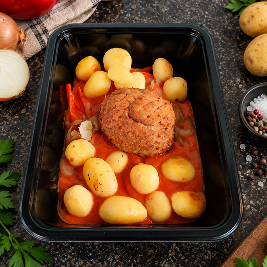 Gehaktbroodje - krieltjes - paprika - gebakken ui - tomatensaus
