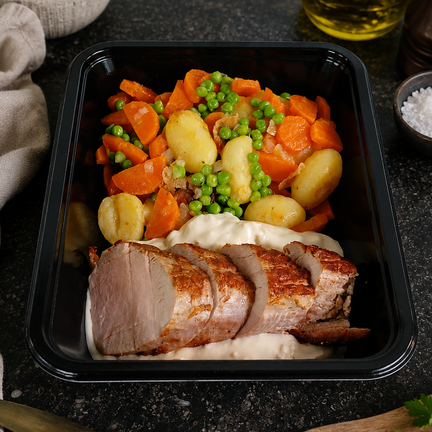 Krieltjes - wortelen en erwtjes - varkenshaasje - champignonroomsaus
