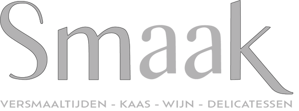 Logo van Smaak; met slagzin 'Versmaaltijden, kaas, wijn, delicatessen'