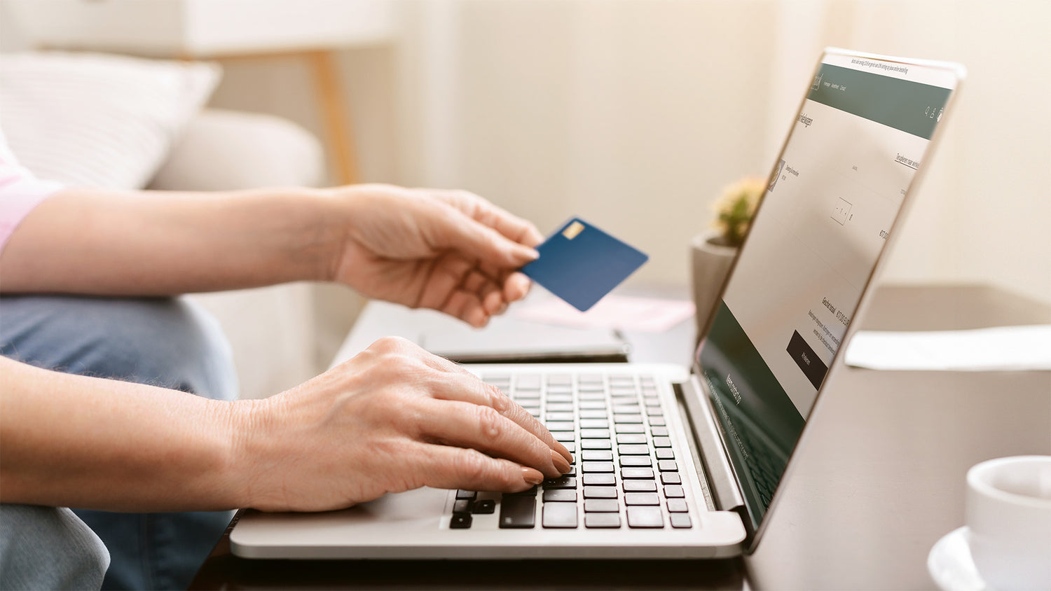 Creditcard in de hand; laptopscherm met check-out