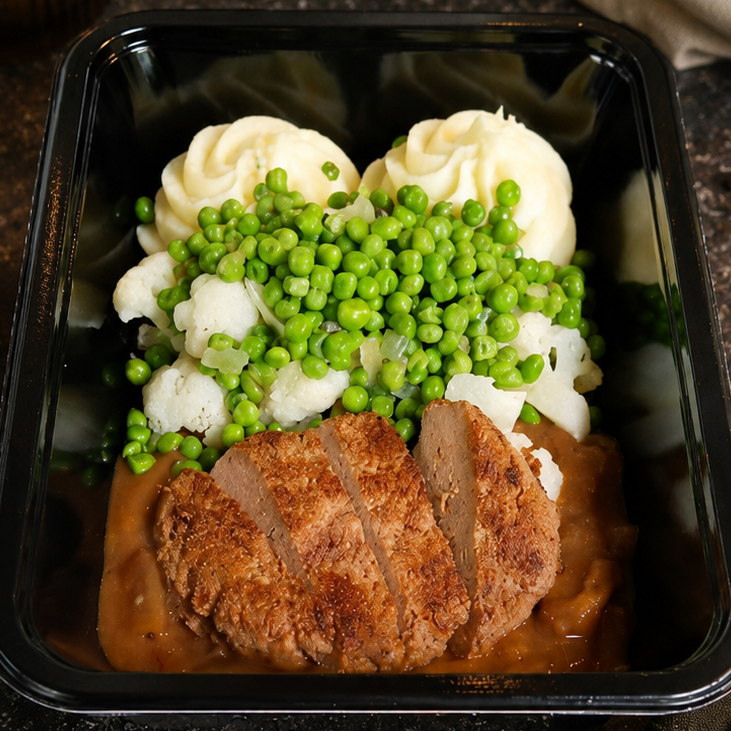 Hamburger - puree - bloemkool - erwtjes - ajuinsaus zoetzuur