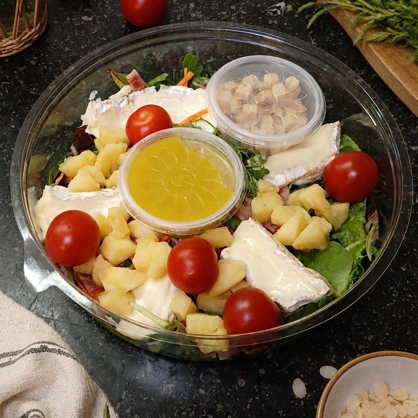 Salade brie - spek - gebakken appeltjes - honing-mosterddressing