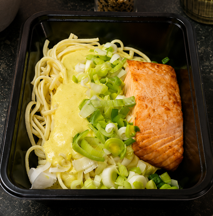 Linguine - zalm - prei - zachte currysaus