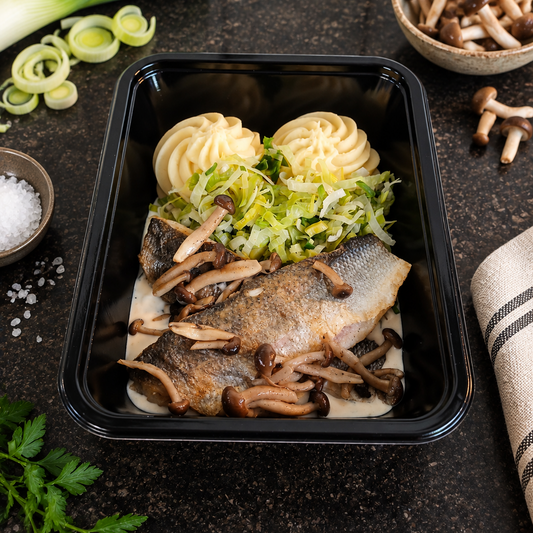 Zeebaars - puree - prei - beukenzwammen - dragon-vissaus